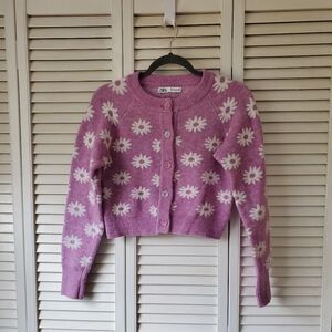 Zara Cropped Purple Floral Daisy Button Front Cardigan Sweater Women's Size M